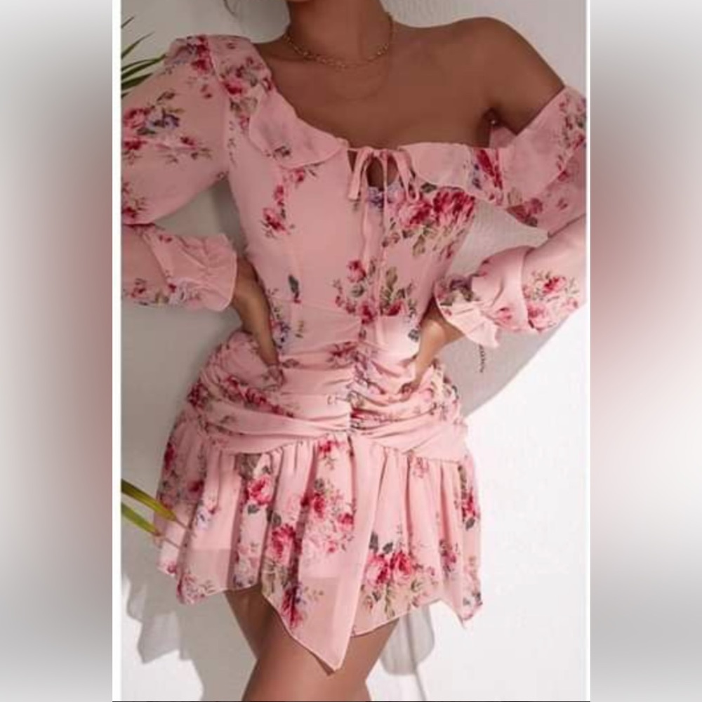 SHEIN Ruffle Trim Floral Flounce Sleeve Micro Mini Dress Women’s 2